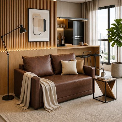 Sofá Cama Casal 147cm Desdobrável, Resistente, Confortável e de Fácil Limpeza Caramelo Estofama