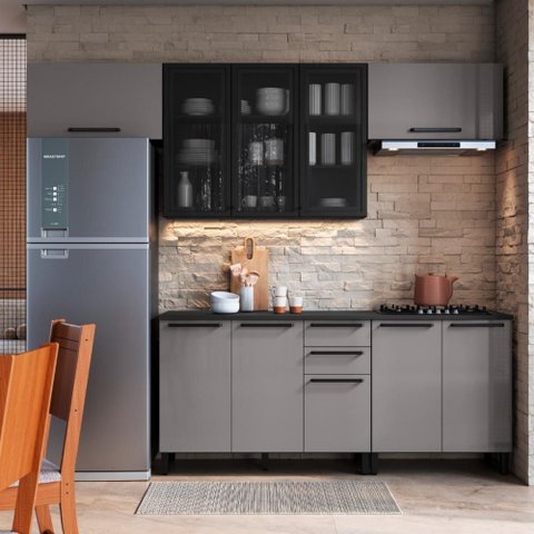 Cozinha Modulada Completa 5 Peças 280cm 9 Portas 3 Gavetas com Tampo Mônaco Cinza Chumbo/Titânio