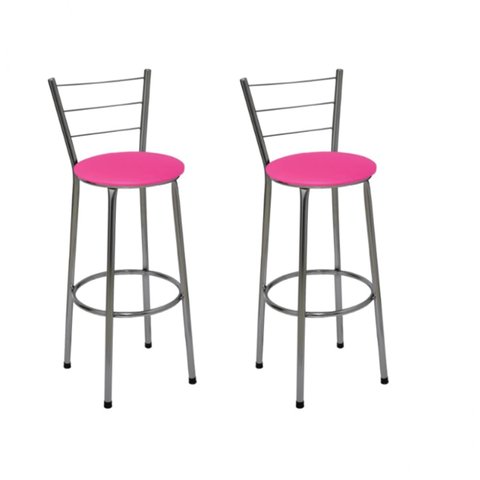 Kit 2 Banquetas Altas Cromada com Encosto Assento Rosa