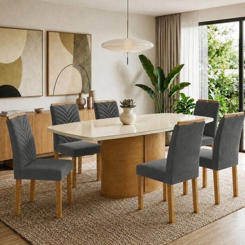 Conjunto Sala de Jantar 6 Lugares Retangular Tampo Vidro MDF 180x90cm Mesa Diana e Cadeiras Carol