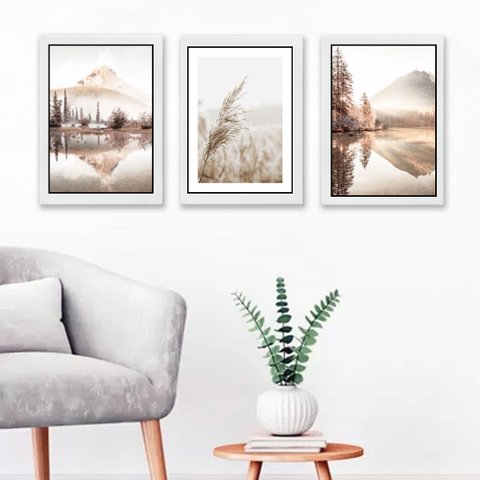 Kit 3 Quadros Fotografias Paisagens bege 24x18cm:madeira Branca