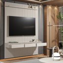 Ver imagem 4 de Painel Ripado Suspenso para TV até 75 Polegadas 100% MDF 183,6cmx240cm 3 Gavetas Arbo Bege Off White