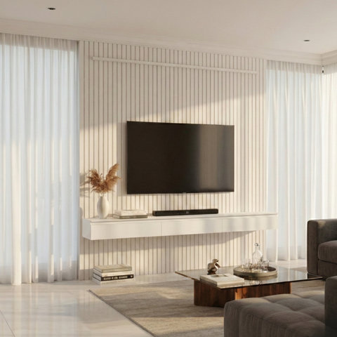 Painel Ripado Suspenso para TV até 75 Polegadas 100% MDF 183,6cmx240cm 3 Gavetas Arbo Bege Off White