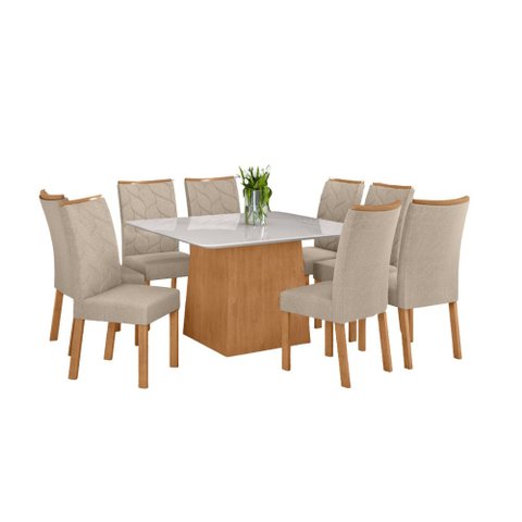 Conjunto Sala de Jantar Mesa Nevada 130 Tampo Vidro Off White com 8 Cadeiras Rayla - Lopas Amendoa C