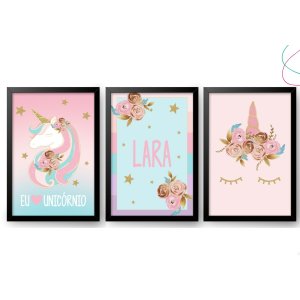 Kit com 3 Quadros Decorativos Infantil Unicórnio com Moldura: Preta