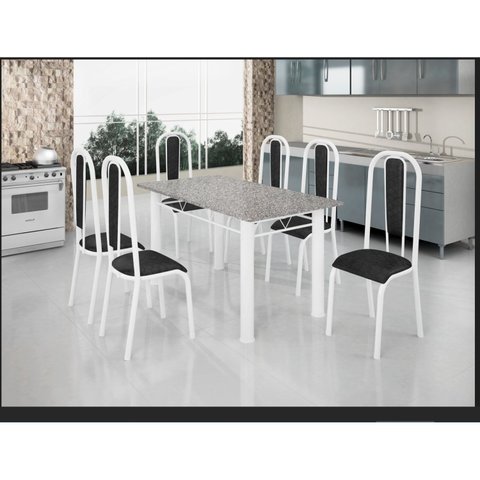 Conjunto Mesa Tubular com 6 Cadeiras Atenas Branco/Tubos Brancos/Estofados Preto/Tampo Granito Ocre