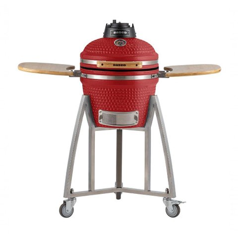 Churrasqueira Kamado Pequeno Rasco Vermelho C/ Grelha Aço Inox, Suporte e Mesas. Ideal P/ 5 Pessoas