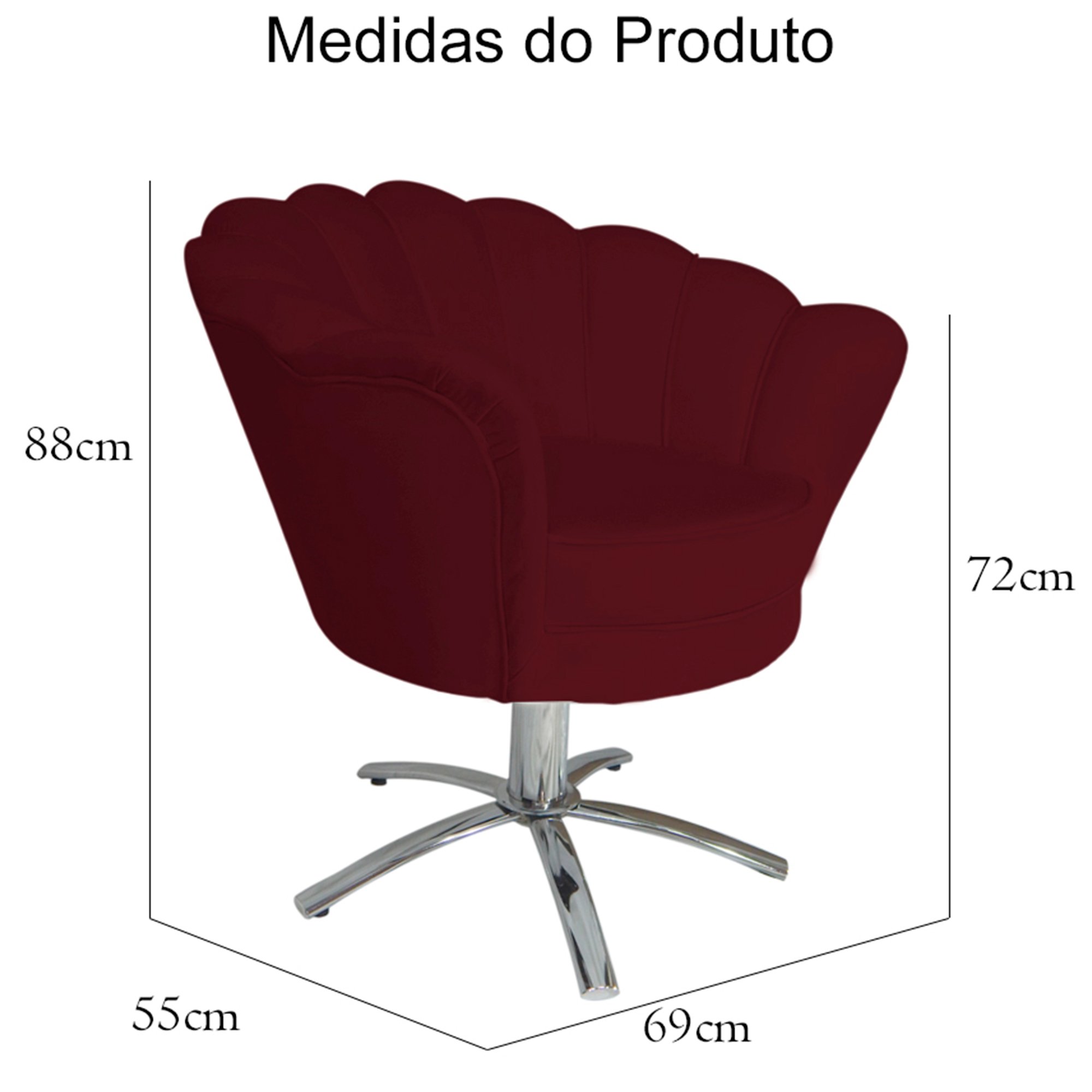 Poltrona Cadeira com Base Giratoria Cromado Pétala Suede Bordo - 5