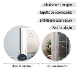 Conjunto Kit 2 Espelhos Redondos Decorativos 40cm e 60cm Lapidados com Suporte para Fixação - 2