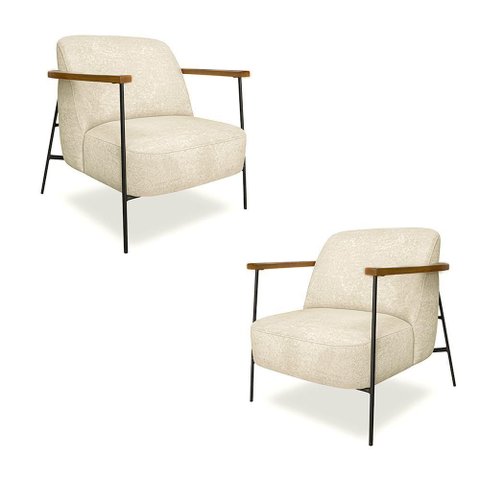 Kit 2 Poltronas Sala de Estar Pés em Ferro Preto Braço Madeira Maciça 86cm Thane Bouclê Bege