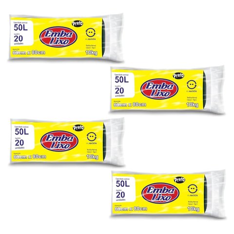 Kit 4 Pacotes Sacos de Lixo Preto Reciclado Resistente Reforçado 50 Litros 63cm x 80cm Pacote com 20
