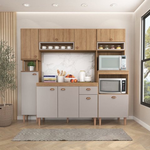 Cozinha Modulada Completa 5 Peças com Paneleiro Torre Quente e Balcão com Tampo Marti Yescasa Mel/Fendi Cinza