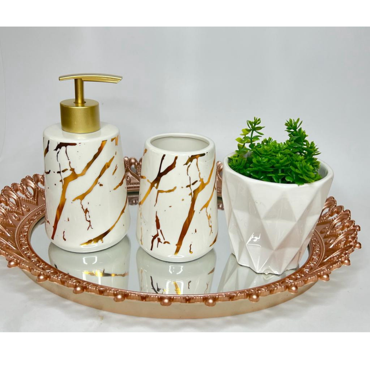 Kit Lavabo Banheiro Decorado Porta Escova Organizador Luxo:dourado - 4