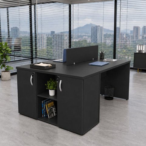Conjunto Mesa Componível 2 Lugares 120x60cm + Armário Baixo Credenza para Escritório Corporativo