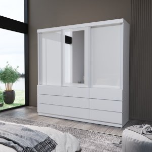 Guarda-roupa Casal com Espelho 100% Mdf 3 Portas e 9 Gavetas Eco 07 Bom Pastor