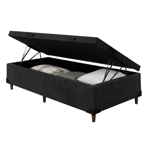 Cama Box Baú Solteiro Suede Preto 88x188x40cm com Pistão a Gás e Pés de Madeira