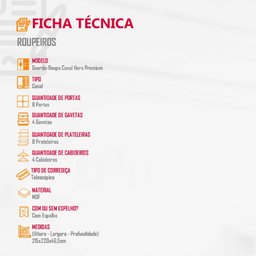 Guarda Roupa Casal Hera Premium com Espelho 8 Portas e 4 Gavetas Moderna - 5
