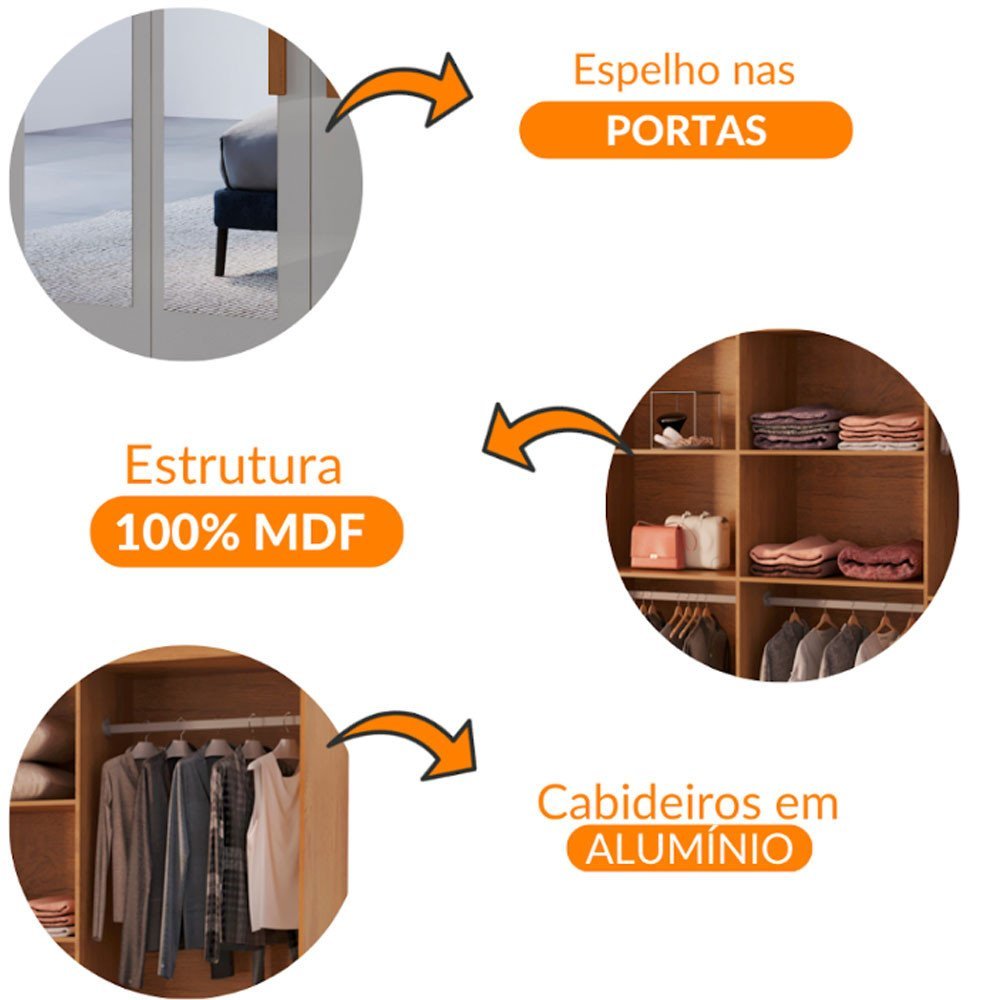 Guarda Roupa Casal Hera Premium com Espelho 8 Portas e 4 Gavetas Moderna - 6