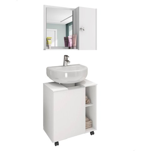 Conjunto Gabinete Armário Encaixar Móvel Banheiro Lux Branco