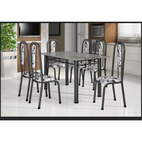 Conjunto Mesa Tubular com 6 Cadeiras Atenas Prata/Tubos Martelado/Estofados Fundo Branco/Flo