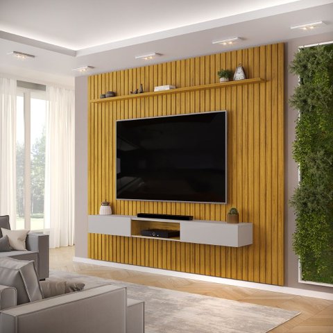 Conjunto com Painel Ripado e Bancada Suspensa 275cm Trento para Sala de Estar Cedro Bali DJ Móveis
