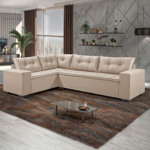 Sofá de Canto Fixo 5 Lugares 300x210cm Veludo Bege Molas Bonnel Oslo