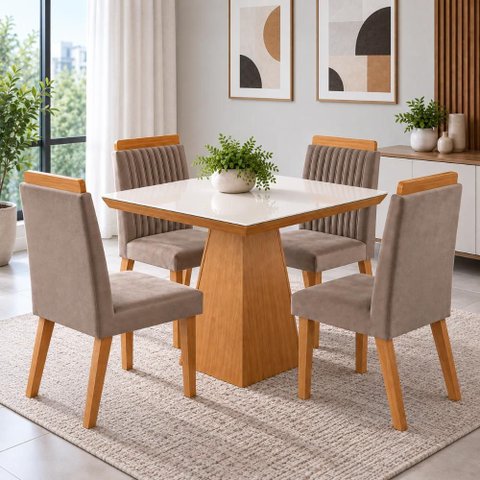 Conjunto Mesa Moderno Cadeiras Compacta Jantar Vidro Suede Capuccino Liso
