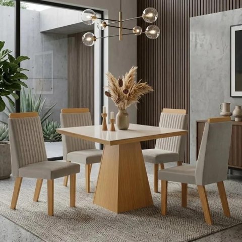 Conjunto Mesa Moderno Cadeiras Compacta Jantar Vidro Suede Capuccino Liso