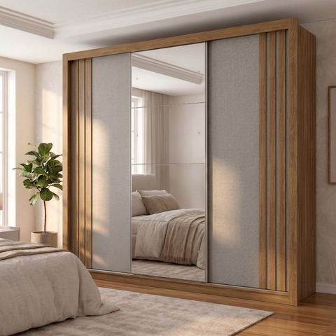 Guarda Roupa Casal com Espelho 3 Portas de Correr e 4 Gavetas Moema Amêndola Touch/nude-preto Prime