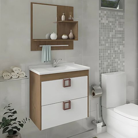 Kit Gabinete de Banheiro 60cm com Cuba Mármore e Espelheira:amendoa/branco
