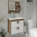 Ver imagem 1 de Kit Gabinete de Banheiro 60cm com Cuba Mármore e Espelheira:amendoa/branco