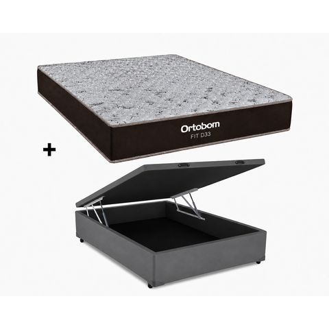 Cama Box Bau Casal Cinza Colchão Fit D33 Espuma 138x188 - Ortobom