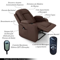 Poltrona Reclinável Massagem e Aquecimento com Elevação Lift 150° 2 Porta Copos, Marrom - 4