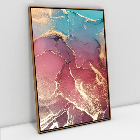 Quadro Decorativo em Canvas Abstrato Mármore Rosa e Azul Perolado TaColado Moldura Flutuante 4,5cm F