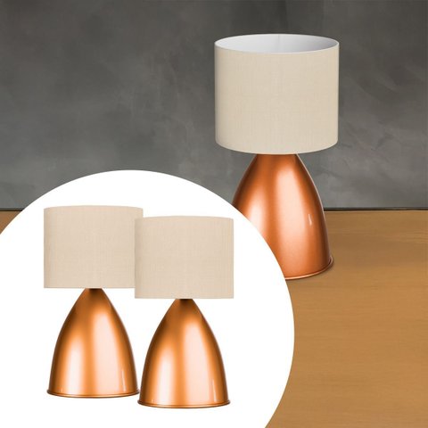 Kit 2 Luminaria de Mesa Abajur Bojudo Cobre Alumínio com Cúpula Tecido Algodão