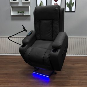 Poltrona do Papai Lift Reclinável Massagem Aquecimento Austin USB LED Suporte para Celular PU Preto 