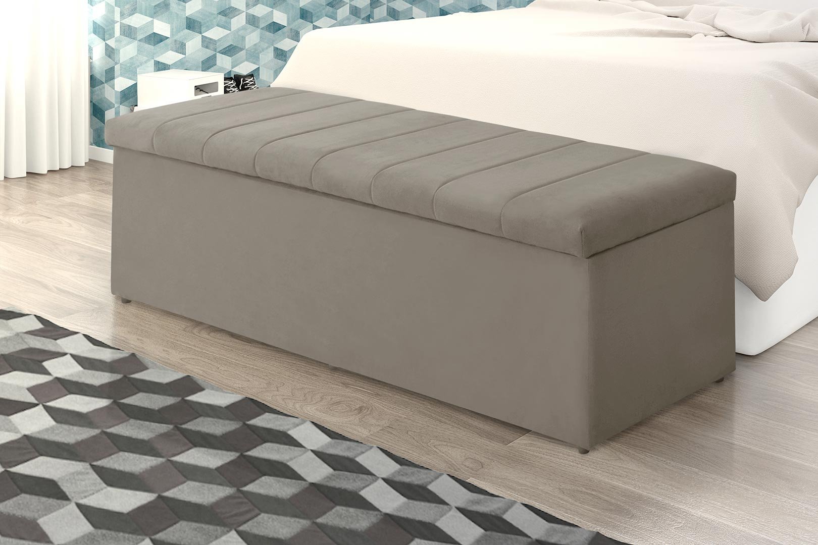 Baú Recamier Calçadeira Vitória Para Quarto Cama Solteiro Suede Bege 1,00m - 2