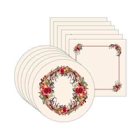 Kit Sousplat + Guardanapo Natal Galhada Flores - 6 Peças - com Base