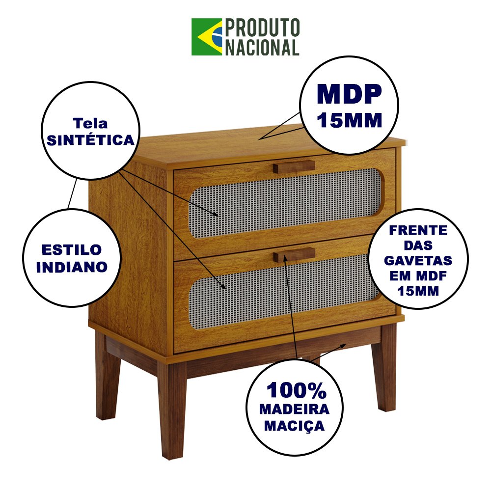 Mesa de Cabeceira Santorini 2 Gavetas 60 Cm Nature - 2