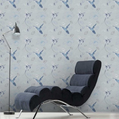 Papel de Parede Animal Beija Flor Azul Floral Gh Papel de Parede 3,5m