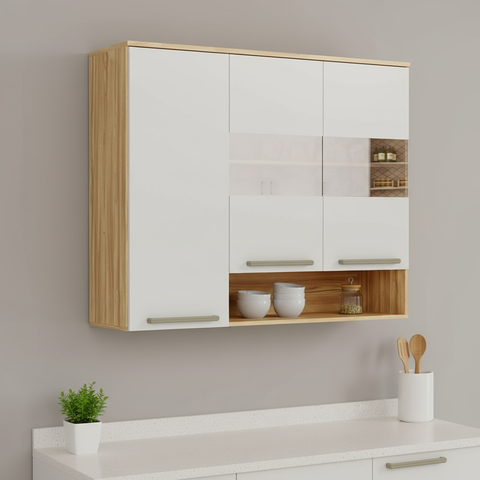 Armário Aéreo de Cozinha 120cm com 3 Portas Vidro Reflecta e Nicho 100% MDF Itália Espresso Móveis