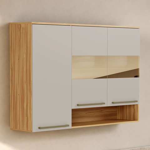 Armário Aéreo de Cozinha 120cm com 3 Portas Vidro Reflecta e Nicho 100% MDF Itália Espresso Móveis Bege/Amêndoa/Off White