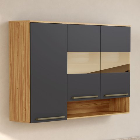 Armário Aéreo de Cozinha 120cm com 3 Portas Vidro Reflecta e Nicho 100% MDF Itália Espresso Móveis Cinza/Amêndoa/Chumbo