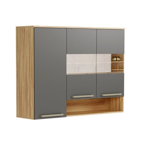 Armário Aéreo de Cozinha 120cm com 3 Portas Vidro Reflecta e Nicho 100% MDF Itália Espresso Móveis Cinza/Amêndoa/Chumbo