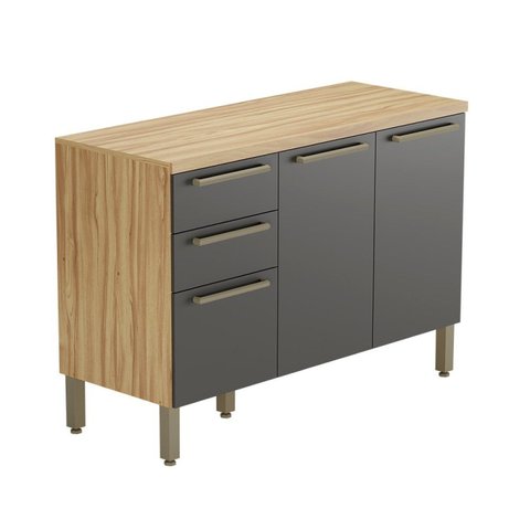 Balcão de Cozinha 120cm com 3 Portas 2 Gavetas e Tampo 100% MDF Itália Espresso Móveis Cinza/Amêndoa
