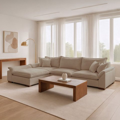 Sofá de Canto 6 Lugares com Chaise Modulado 320cm com Base em Madeira Maciça  Dominique