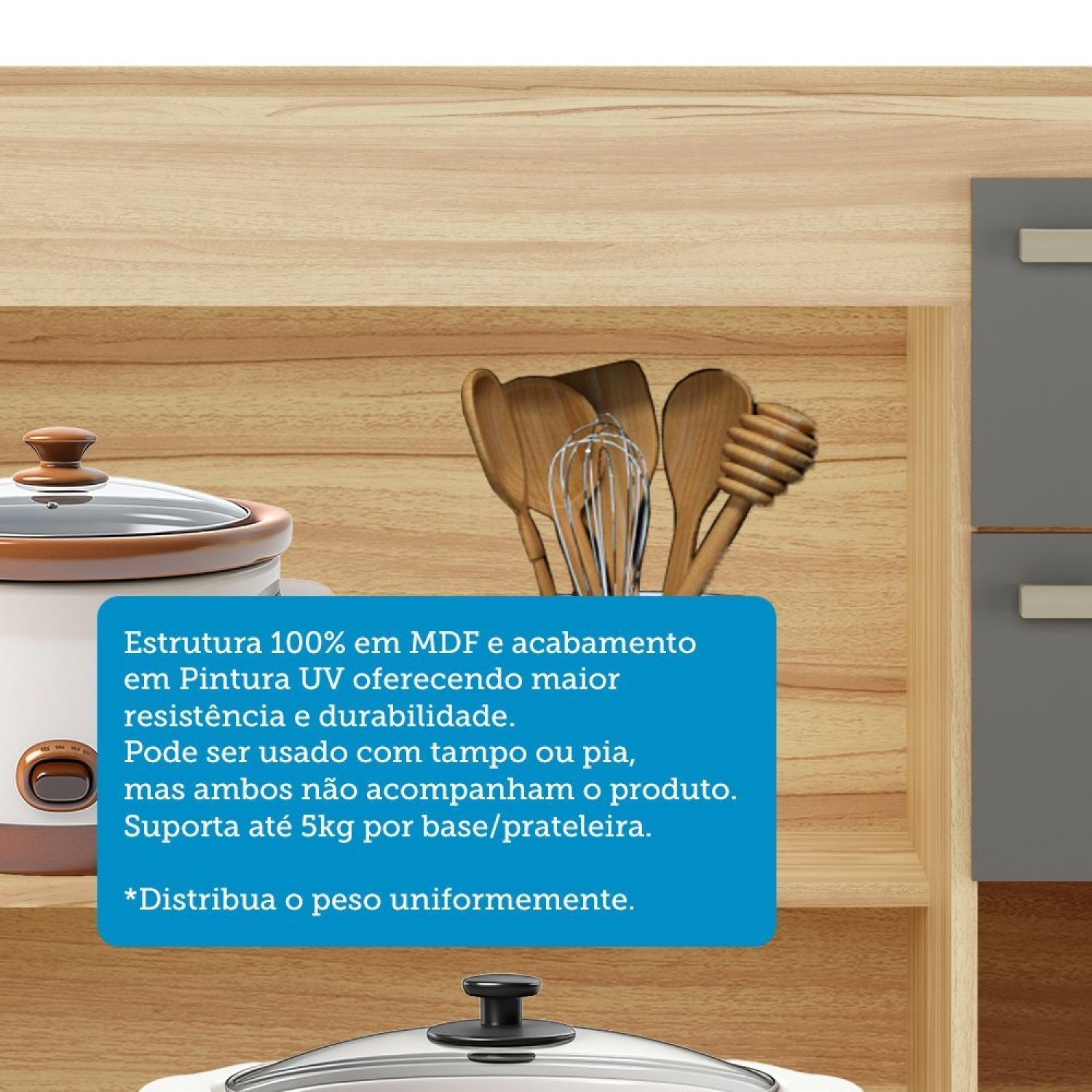 Balcão de Cozinha para Pia 120cm com 3 Portas 2 Gavetas sem Tampo 100% Mdf Itália - 5