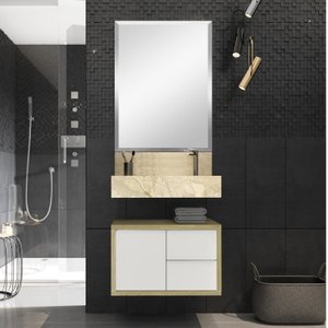 Conjunto para Banheiro com Espelho, Gabinete, Bancada em Porcelanato com Cuba Esculpida 60cm 