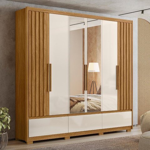 Guarda Roupa Casal 6 Portas com Espelho 3 Gavetas Amazonas - Freijó / Off White Freijó / Off White