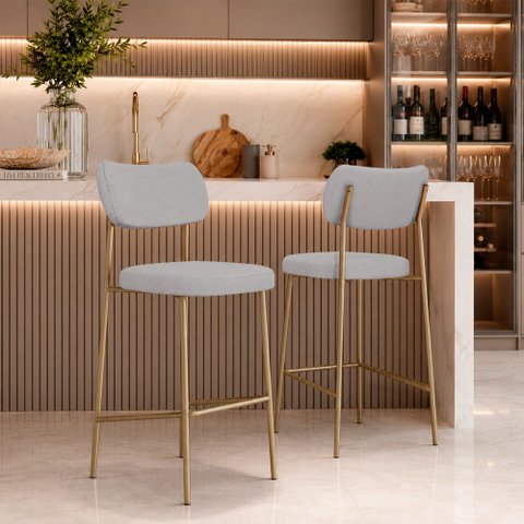 Kit 2 Banquetas Baixa Sala de Jantar Lisa Pés Champanhe Linho Cinza m² - Monari Design